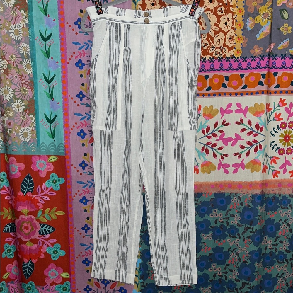 FREE PEOPLE Boho Cotton Blend Beachy White and Gray Stripped Pants Size Small